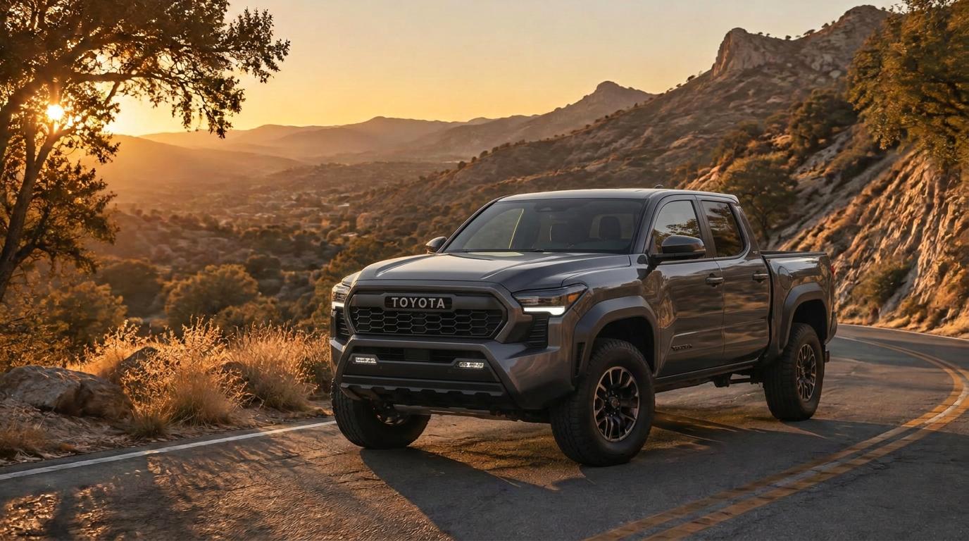 Toyota Tacoma on a canyon road above Thousand Oaks, California at golden hour
